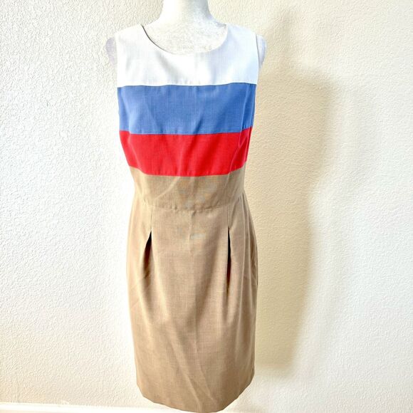 VTG Howard Wolf Size 8 Sheath Pencil Dress Tan Blue White Colorblock Stripes - Picture 1 of 16